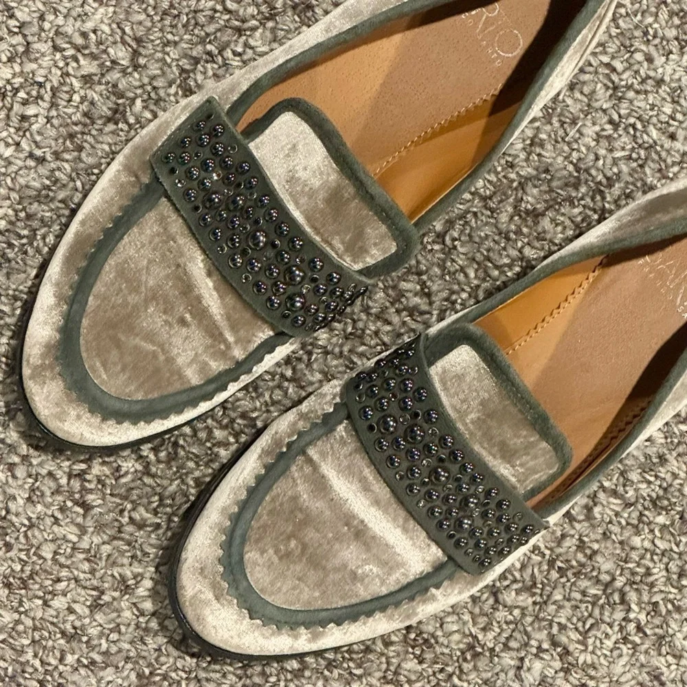 Franco Sarto Grey Velvet Studded Loafers